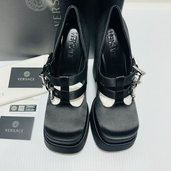 Versace Aevitas Satin Mary Jane Buckle Platform Black Pump 38.5/ 8.5 NWB $1,575 - Picture 7 of 15